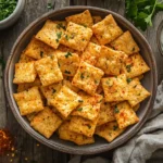 Bowl of crack crackers ranch recipe with red pepper and herbs