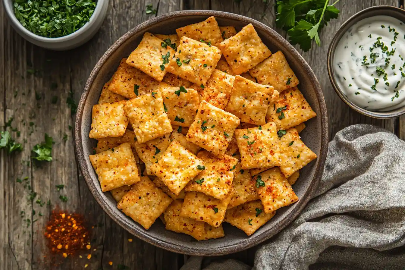 Bowl of crack crackers ranch recipe with red pepper and herbs