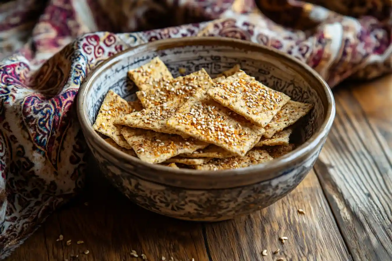 Bowl of zaatar fire crackers with sesame and herbs